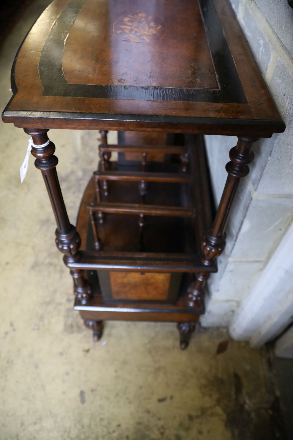 A late Victorian inlaid burr walnut Canterbury / whatnot, width 62cm, depth 40cm, height 90cm